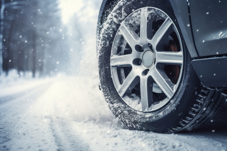 close up of car tire driving in snowy road
